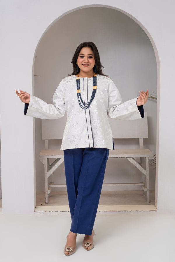 White Brocade Short Kurta Jacket with Royal Blue Tailored Trousers