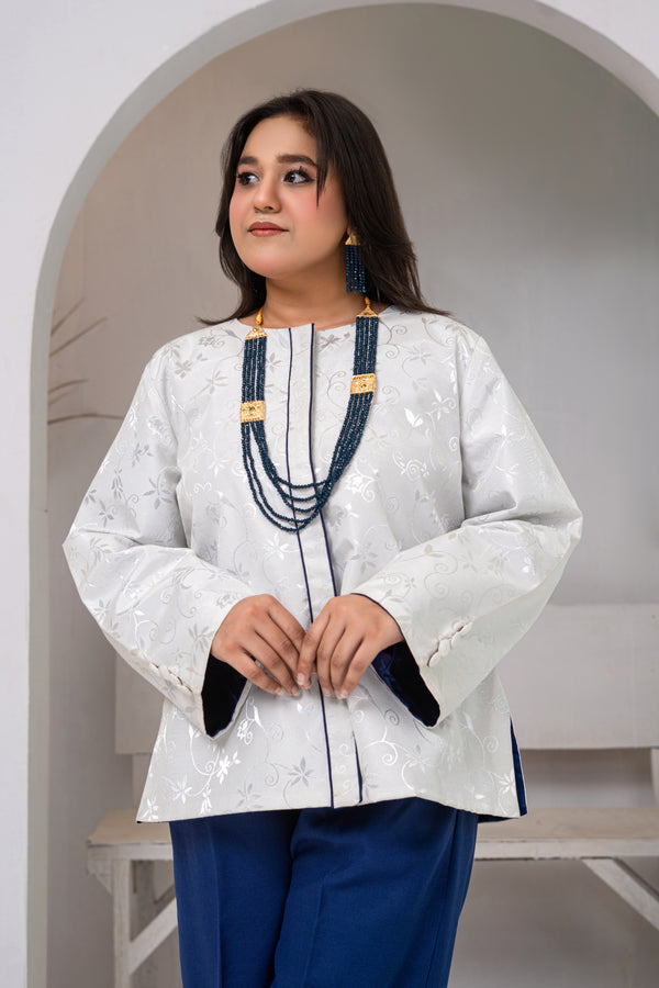 White Brocade Short Kurta Jacket with Royal Blue Tailored Trousers