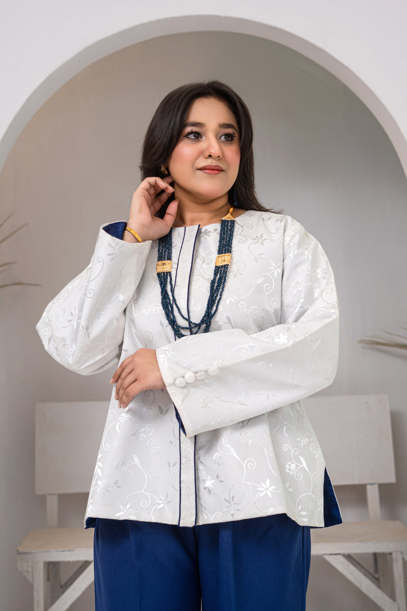 White Brocade Jacket with Blue Italian Jot Fabric Two-Piece Evening Wear Dress