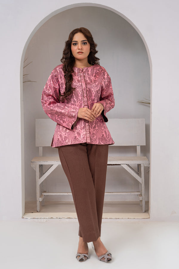 Blush Pink Brocade Short Kurta Jacket with Brown Tailored Trousers