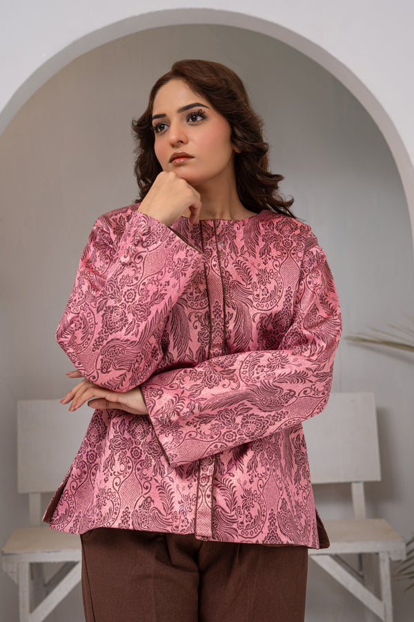 Blush Pink Brocade Short Kurta Jacket with Brown Tailored Trousers