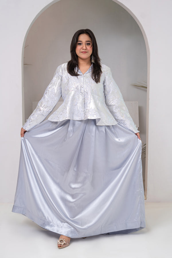 Silver Brocade Cropped Jacket with Ice Blue Pure Silk Maxi Skirt