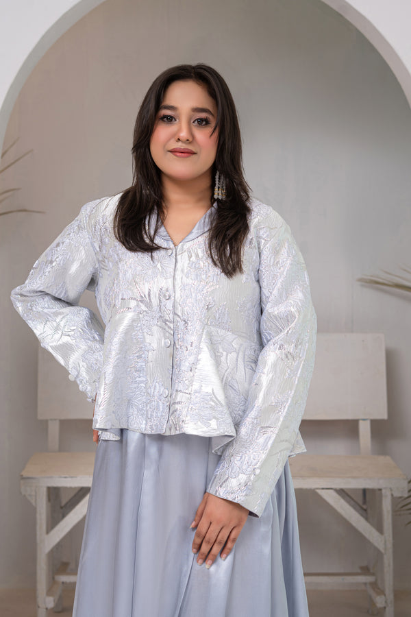 Silver Brocade Cropped Jacket with Ice Blue Pure Silk Maxi Skirt
