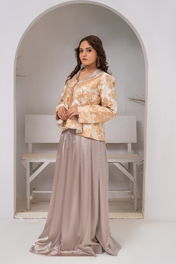 Beige Brocade Cropped Jacket with Ice Silver Pure Silk Maxi Skirt