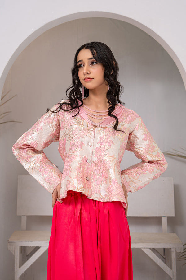 Pink Silver Brocade Short Jacket with Hot Pink Flared Pants