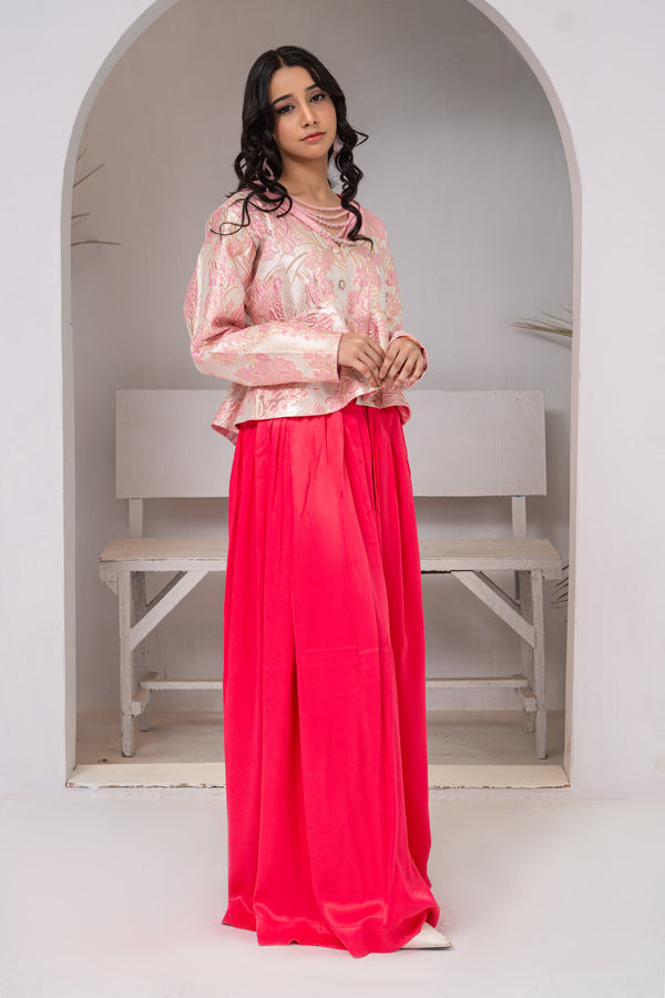 Pink Silver Brocade Short Jacket with Hot Pink Flared Pants