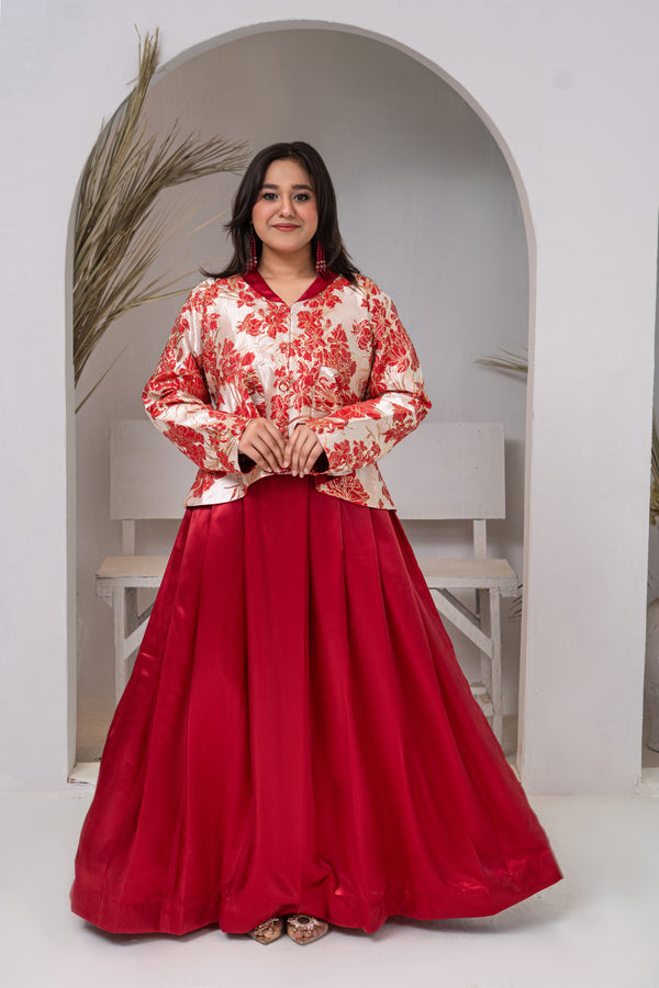 Red and White Brocade Cropped Jacket with Deep Red Pure Silk Maxi Skirt