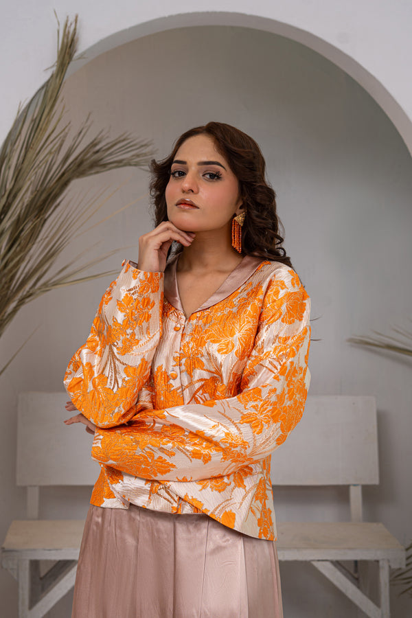 Orange and White Brocade Cropped Jacket with Ice Silver Pure Silk Maxi Skirt
