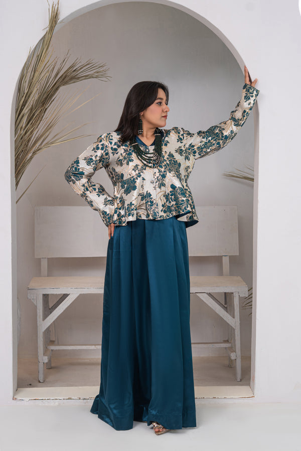 Teal and White Brocade Cropped Jacket with Deep Teal Pure Silk Maxi Skirt