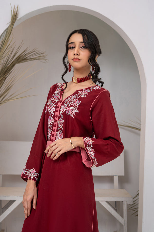 Red Embellished Georgette Long Dress