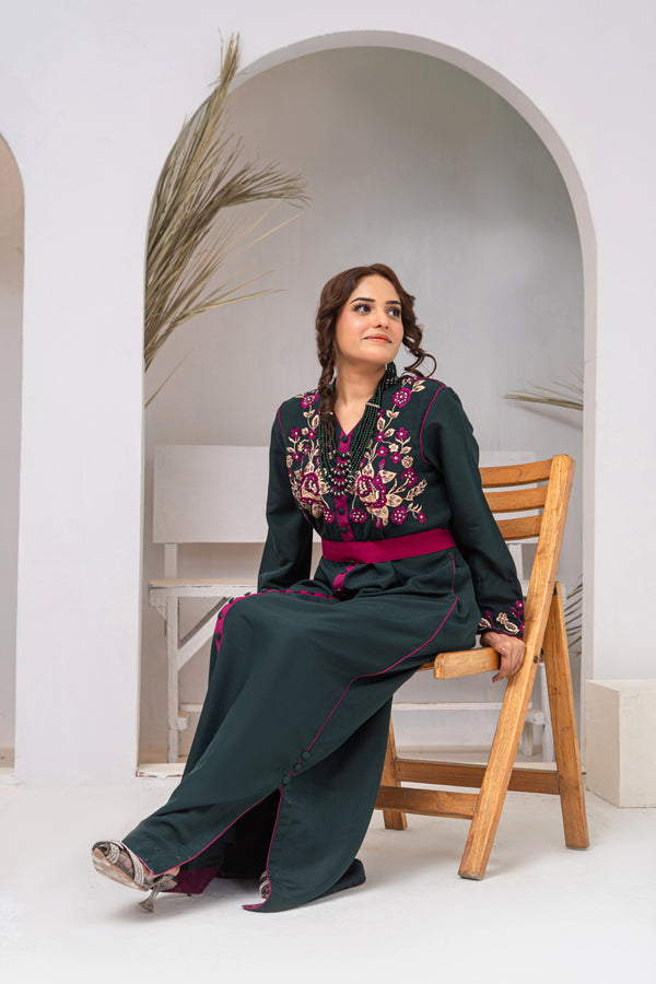 Deep Green Embroidered Maxi Dress with Pink Embellishment