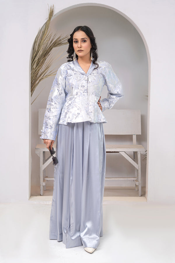 Silver Brocade Cropped Jacket with Silver Pure Silk Maxi Skirt