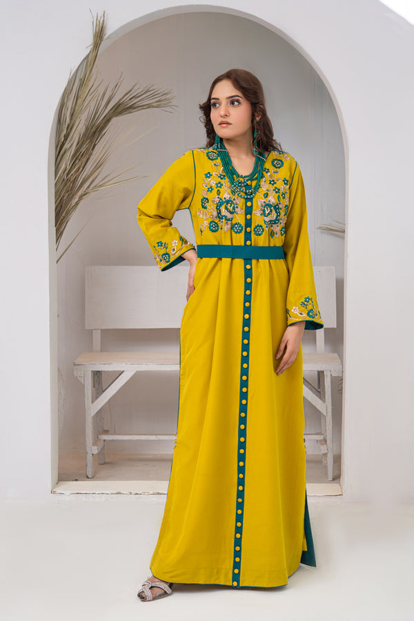 Bright Yellow Embroidered Maxi Dress with Green Embellishment