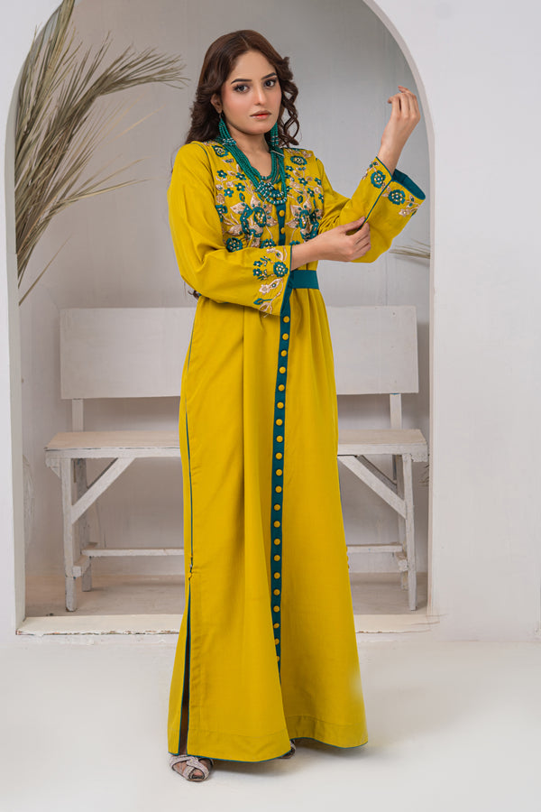 Bright Yellow Embroidered Maxi Dress with Green Embellishment