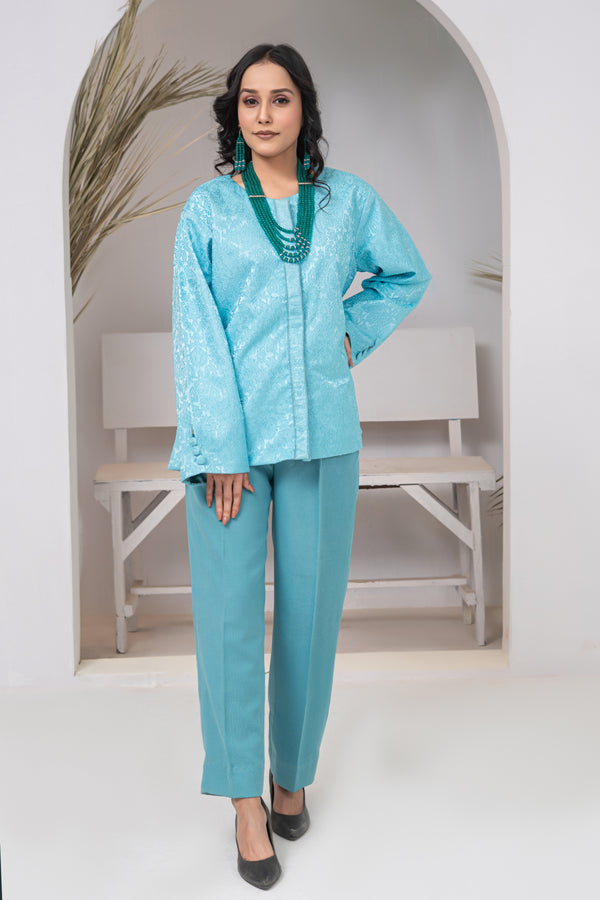 Light Blue Short BrocadeJacket with Blue Italian Jot Trousers