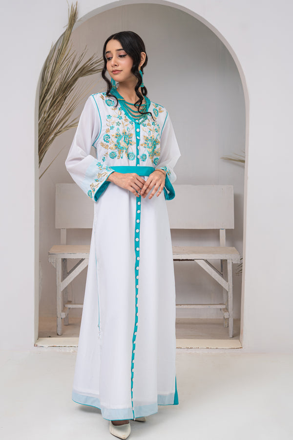 White Embroidered Maxi Dress with Blue Embellishment