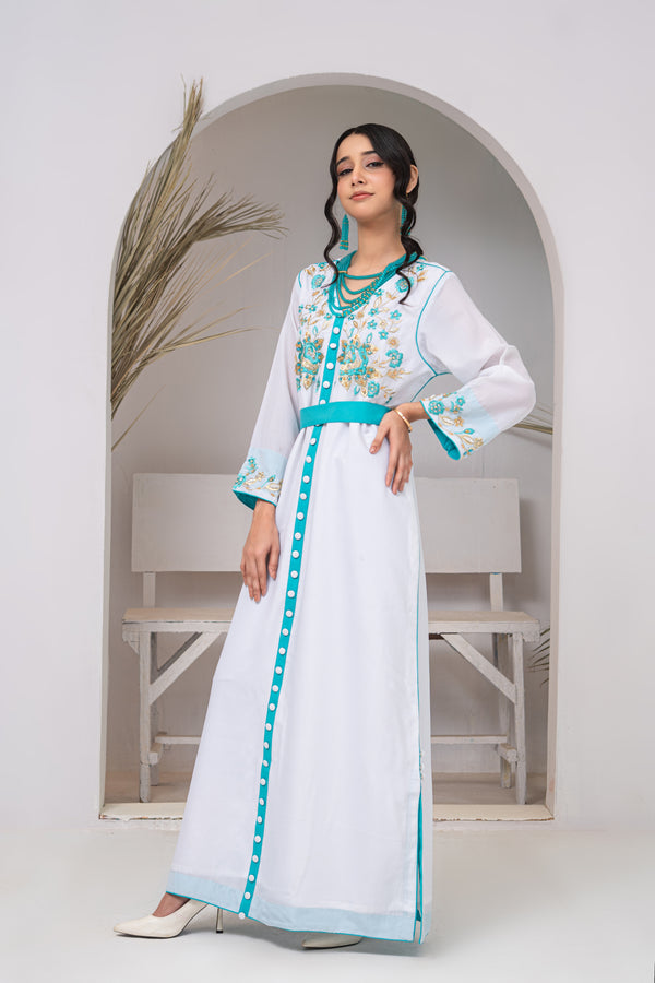 White Embroidered Maxi Dress with Blue Embellishment
