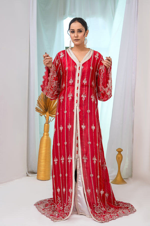Luxury Red & Silver Two-Piece Takchita with Crystal Cutdana, Sequins & Premium Bead Embroidery