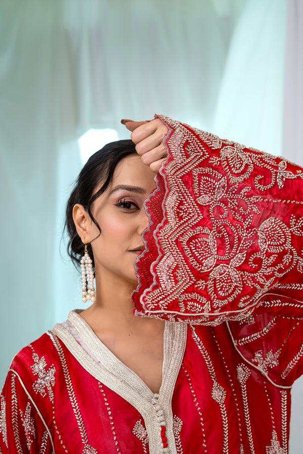 Luxury Red & Silver Two-Piece Takchita with Crystal Cutdana, Sequins & Premium Bead Embroidery