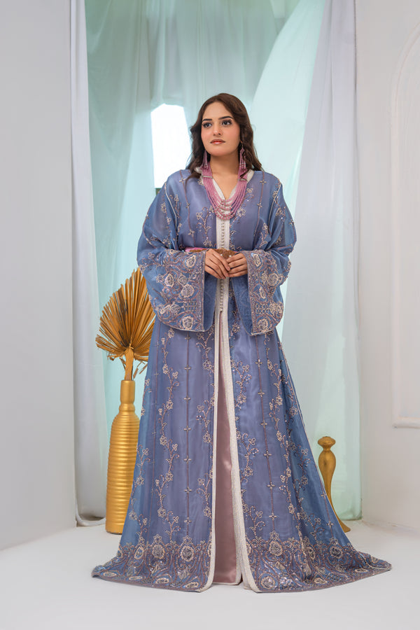 Luxury Grey & Tea Pink Two-Piece Takchita with Crystal Cutdana, Sequins & Premium Bead Embroidery