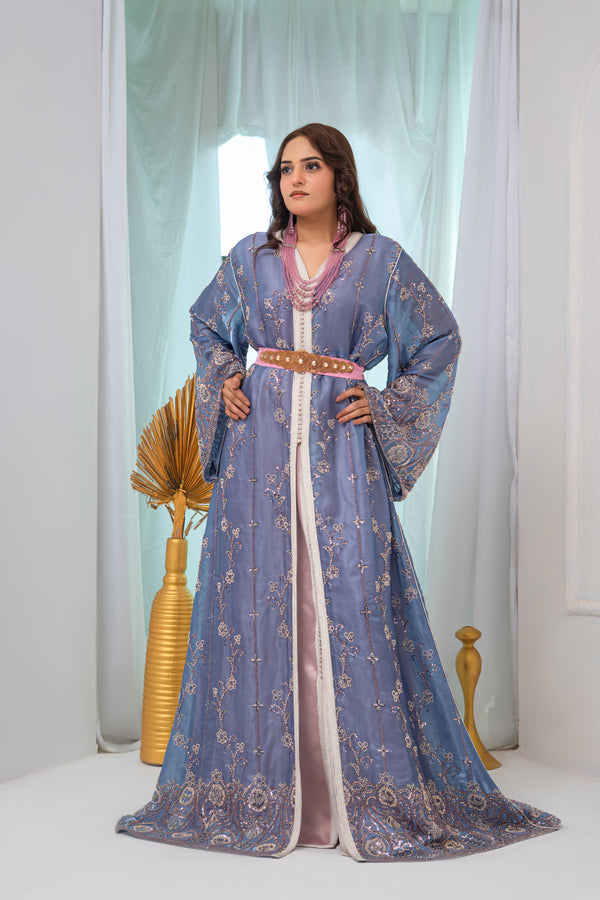 Luxury Grey & Tea Pink Two-Piece Takchita with Crystal Cutdana, Sequins & Premium Bead Embroidery