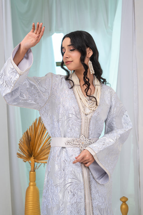 Luxury Silver Two-Piece Brocade Takchita with Premium Stitch Detailing