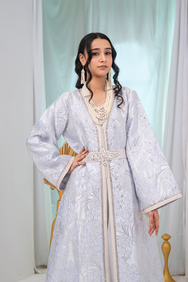 Luxury Silver Two-Piece Brocade Takchita with Premium Stitch Detailing