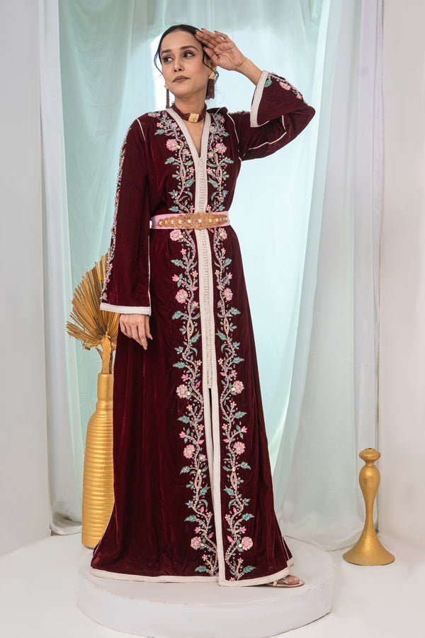 Luxury Maroon Velvet Caftan with Crystal Stones, Multi-Colour Thread Embroidery, Sequins & Premium Bead Embroidery