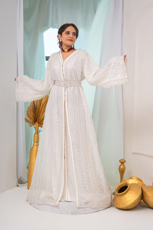 Luxury White Two-Piece Takchita with Crystal Cutdana, Sequins & Premium Bead Embroidery