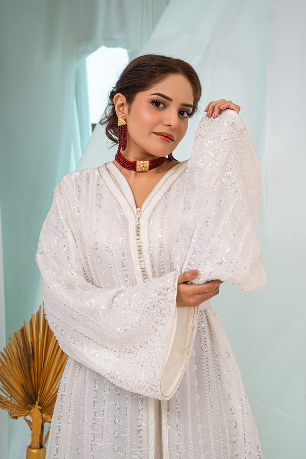 Luxury White Two-Piece Takchita with Crystal Cutdana, Sequins & Premium Bead Embroidery