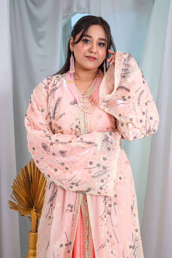 Luxury Tea Pink Two-Piece Takchita with Crystal Cutdana, Sequins & Premium Bead Embroidery