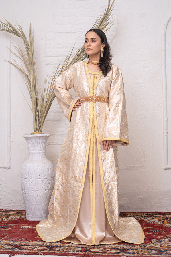 Luxury Cream & Gold Brocade Takchita with Premium Stitch Detailing