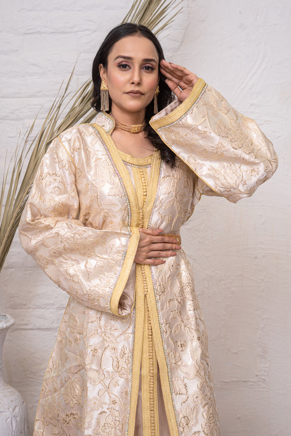 Luxury Cream & Gold Brocade Takchita with Premium Stitch Detailing