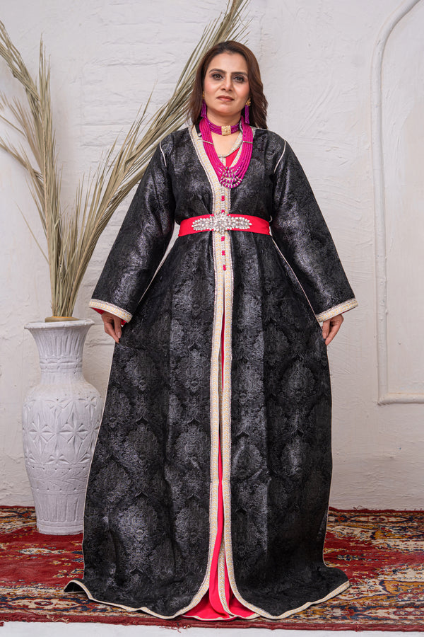 Luxury Black, Silver & Fuchsia Brocade Takchita with Premium Stitch Detailing