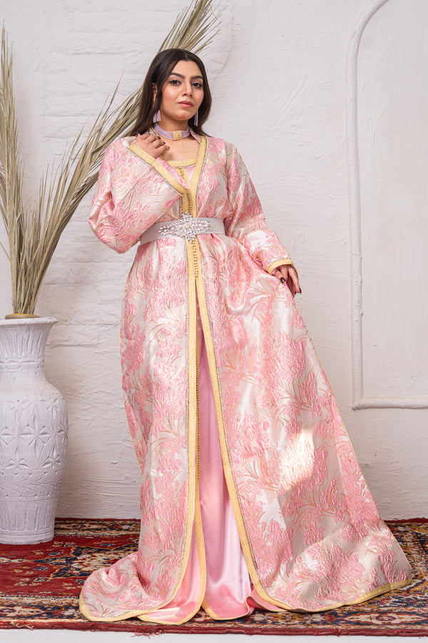 Luxury Light Pink, Cream & Gold Brocade Takchita with Premium Stitch Detailing