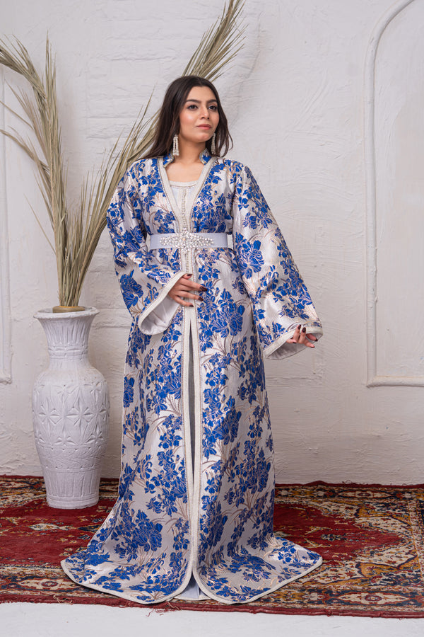 Luxury Light Blue & Silver Brocade Takchita with Premium Stitch Detailing