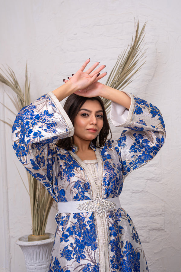 Luxury Light Blue & Silver Brocade Takchita with Premium Stitch Detailing