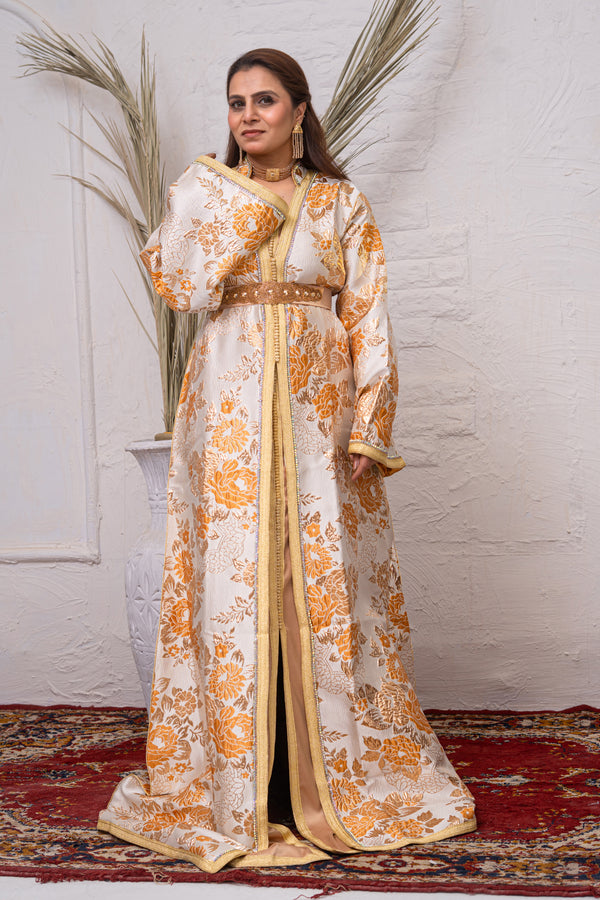 Luxury Light Yellow, Gold & Cream Brocade Takchita with Premium Stitch Detailing