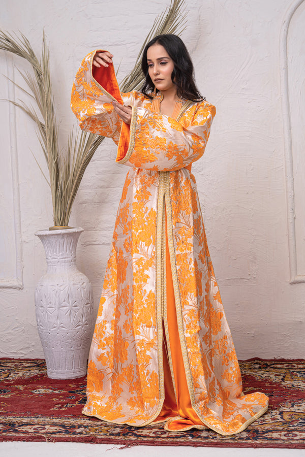 Luxury Yellow & Cream Brocade Takchita with Premium Stitch Detailing