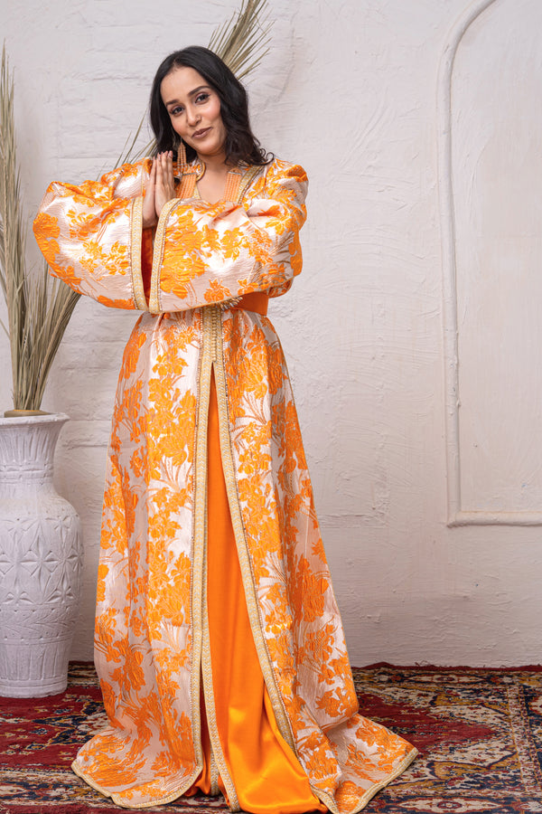 Luxury Yellow & Cream Brocade Takchita with Premium Stitch Detailing
