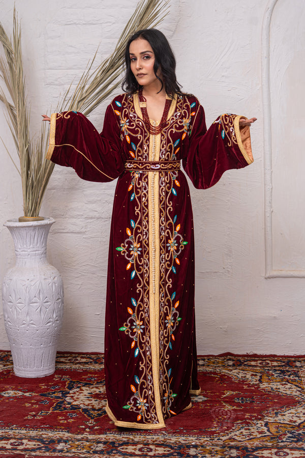 Luxury Burgundy Velvet Caftan with Crystal Stones, Multi-Colour Thread Embroidery, Sequins & Premium Bead Embroidery
