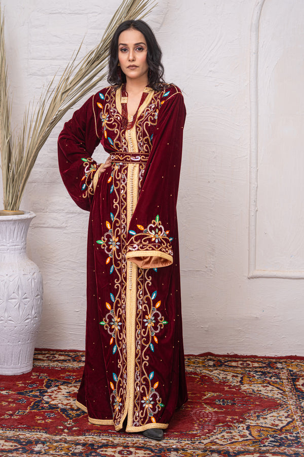 Luxury Burgundy Velvet Caftan with Crystal Stones, Multi-Colour Thread Embroidery, Sequins & Premium Bead Embroidery