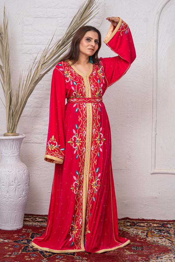 Luxury Ruby Fuchsia Velvet Caftan with Crystal Stones, Multi-Colour Thread Embroidery, Sequins & Premium Bead Embroidery