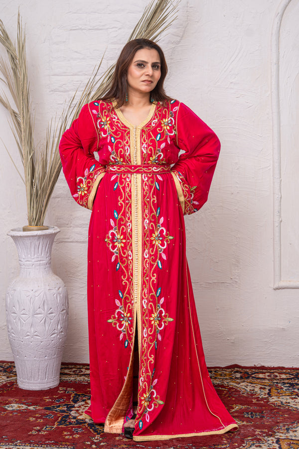 Luxury Ruby Fuchsia Velvet Caftan with Crystal Stones, Multi-Colour Thread Embroidery, Sequins & Premium Bead Embroidery
