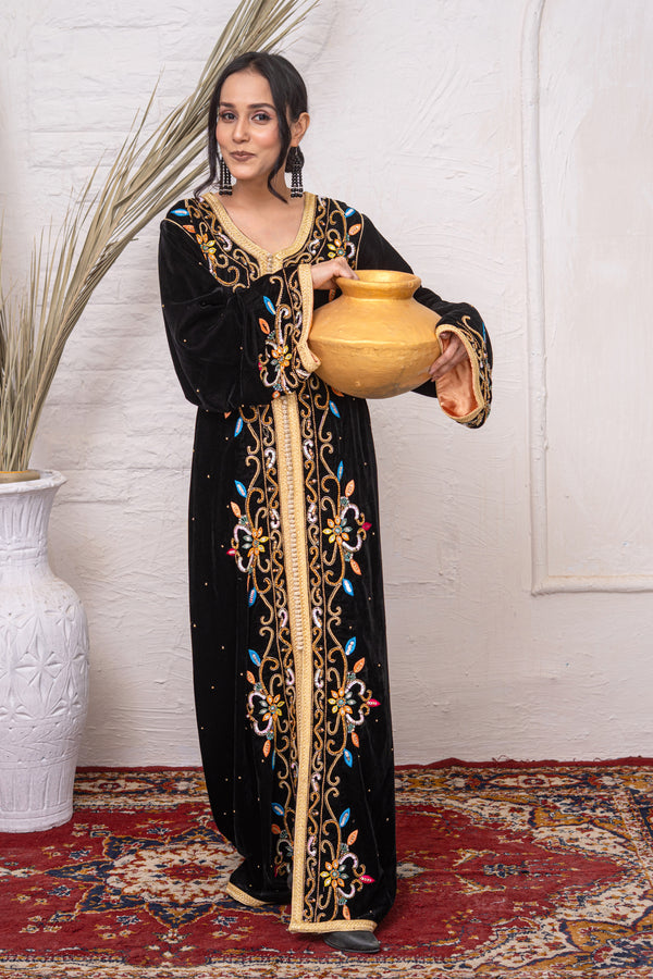 Luxury Black Velvet Caftan with Crystal Stones, Multi-Colour Thread Embroidery, Sequins & Premium Bead Embroidery