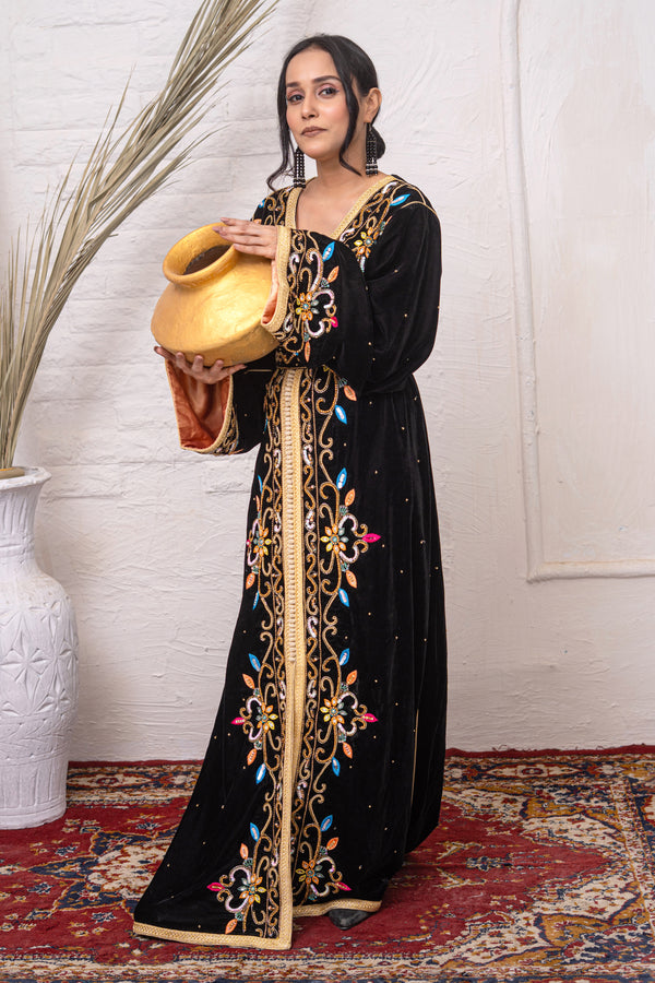 Luxury Black Velvet Caftan with Crystal Stones, Multi-Colour Thread Embroidery, Sequins & Premium Bead Embroidery