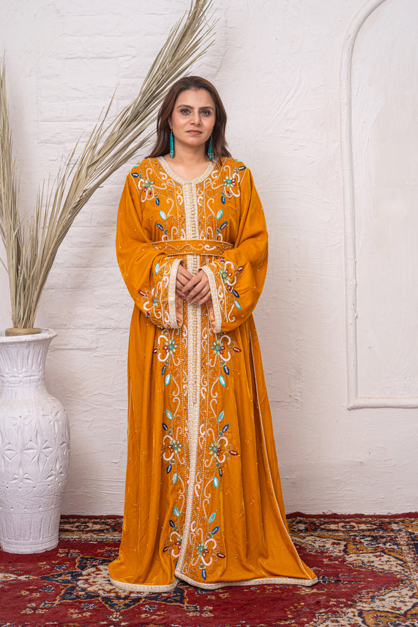 Luxury Golden & Yellow Velvet Caftan with Crystal Stones, Multi-Colour Thread Embroidery, Sequins & Premium Bead Embroidery