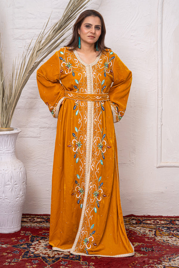 Luxury Golden & Yellow Velvet Caftan with Crystal Stones, Multi-Colour Thread Embroidery, Sequins & Premium Bead Embroidery