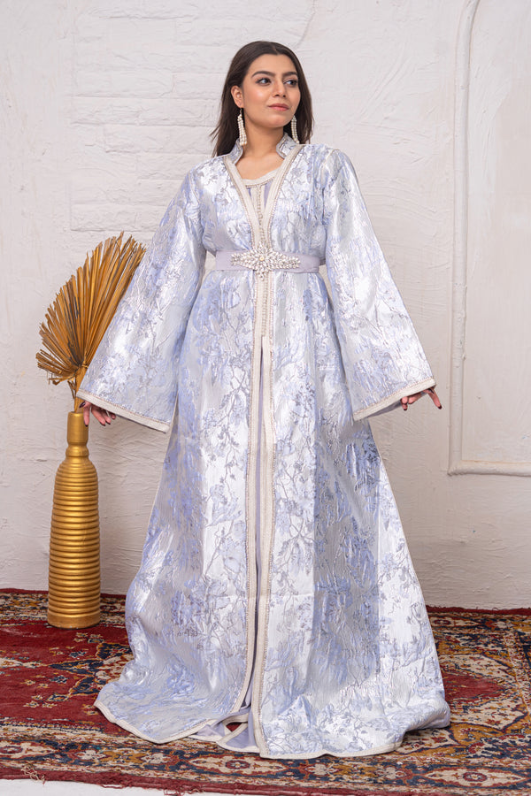 Luxury Silver & White Brocade Takchita with Premium Stitch Detailing