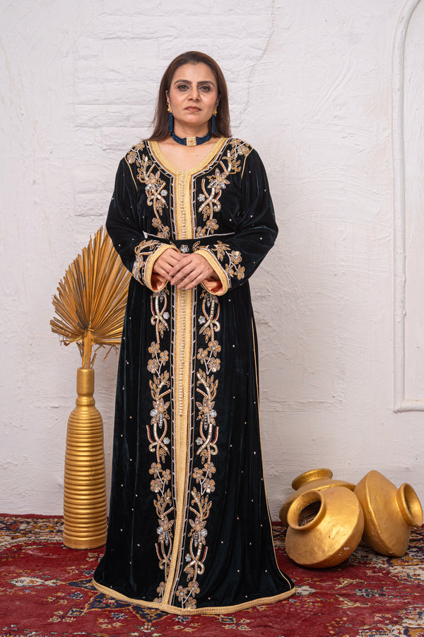 Luxury Black Velvet Caftan with Crystal Stones, Sequins & Premium Bead Embroidery